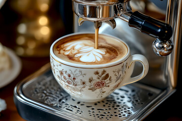 Barista creates latte art in a vintage cup at a cozy cafe during the morning hours. Coffee machine prepares a beautifully crafted latte with intricate floral art in a decorative cup at a charming cafe