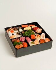 Colorful assortment of sushi in a traditional Japanese tray display