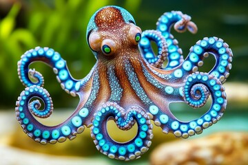 Obraz premium A blue-ringed octopus glowing with neon blue patterns as a warning signal