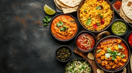 A colorful array of traditional Indian cuisine fills the table, showcasing rich curries, fragrant rice, tangy sauces, and fresh salads