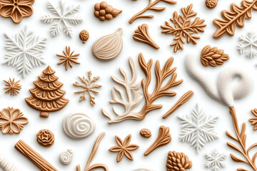 Assortment of festive, stylized ornaments arranged on a white surface, ideal for holiday designs and decorations