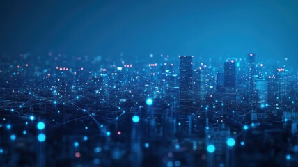 Futuristic cityscape at night with connected networks and glowing lights. Big data and machine learning