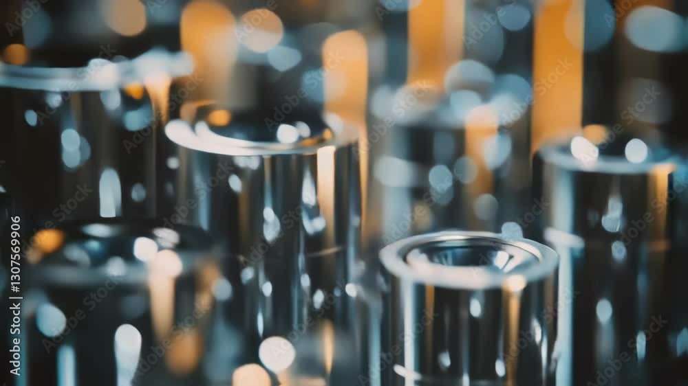 Poster metallic cylinders with shiny surfaces rotate and reflect light, creating a visually appealing abstr