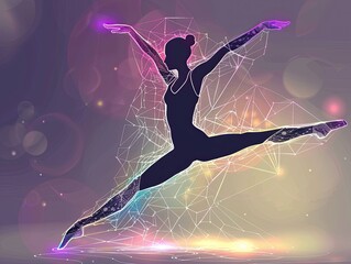 
Silhouette of a woman gymnast jumping art. Artistic gymnastics illustration. Sport, dance, stretching, ballet, splits.