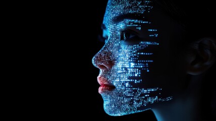 Digital face with futuristic light patterns for technology and innovation themes. Big data and machine learning