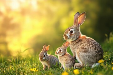 Fototapeta premium Rabbits sitting in a sunny meadow surrounded by wildflowers during early morning