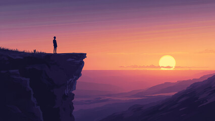 Person standing at the edge of a cliff during sunset