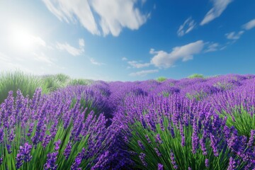 Fototapeta premium Vibrant lavender fields flourishing under a clear blue sky during midday