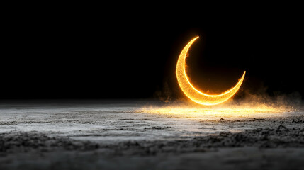 Glowing crescent moon on dark ground, night scene, perfect for religious or mystical themes, website backgrounds, or cards