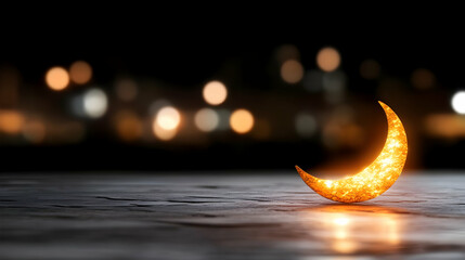 Glowing crescent moon on dark wooden surface, city lights bokeh background; ideal for Ramadan, Islamic celebrations, or spiritual themes