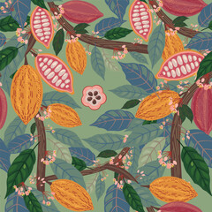 Cocoa vector seamless pattern. Chocolate cocoa beans background. Vector hand drawn illustration. Vintage style illustration.