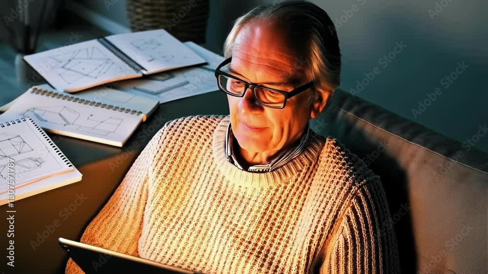 Poster experienced architect examines building plans on digital tablet, illuminated by warm light in comfor