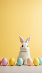 Fototapeta premium A white rabbit stands in front of a row of colorful eggs. The scene is bright and cheerful, with the rabbit and eggs creating a sense of playfulness and innocence