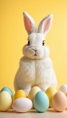 Obraz premium A white rabbit stands in front of a row of colorful eggs. The scene is bright and cheerful, with the rabbit and eggs creating a sense of playfulness and innocence