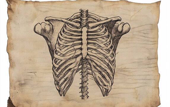 Human ribcage is illustrated in sketch form. Anatomical drawing on aged paper background. Skeletal chest graphic in vintage style.