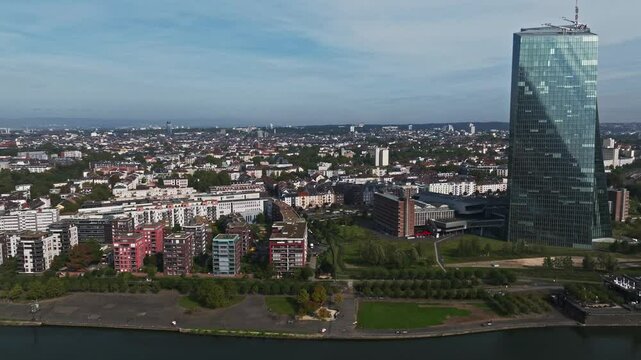 Aerial drone view of the Bornheim and Ostend districts in Frankfurt, Germany, showcasing a blend of historic charm, residential neighborhoods, and modern urban development 