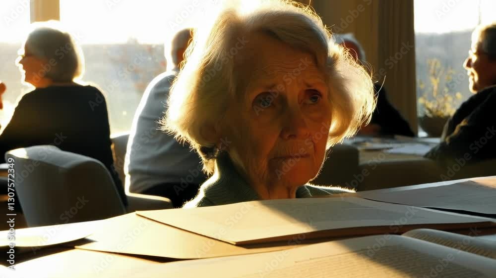Poster Sunlight illuminates an elderly woman's face as she sits at a table, seemingly lost in thought while reviewing documents in a bustling library setting