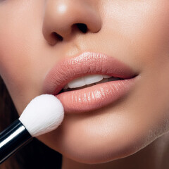 Generated image AI Beautiful plump lips touching a small lip brush  make up beauty salon make up artist