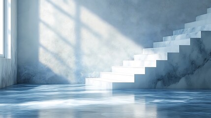 Obraz premium Serene Blue Staircase Gleaming Under Soft Sunlight. AI Generated