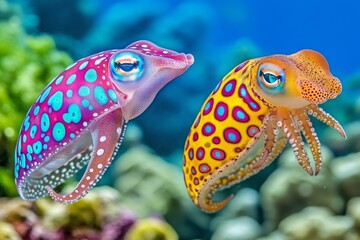 Fototapeta premium A cuttlefish and an octopus swimming side by side, both using camouflage techniques