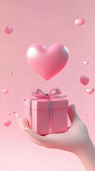 Pink heart gift, hand, hearts, background, Valentine's
