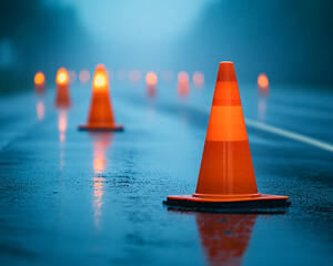 Orange traffic cone on wet asphalt road at night, other cones blurred in background, depicting safety, caution, and rainy weather conditions