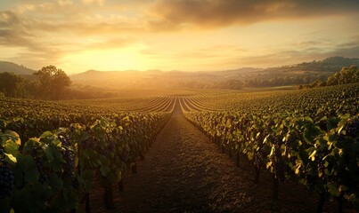 Fototapeta premium Golden Sunset Over Vineyard Rows