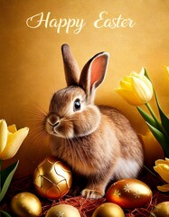 Easter card with wishes, Easter bunny, tulips and Easter eggs
