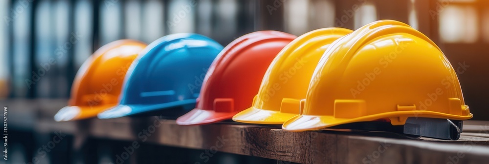 Aufkleber colorful hard hats arranged on a wooden shelf in a construction site during daylight hours generativ