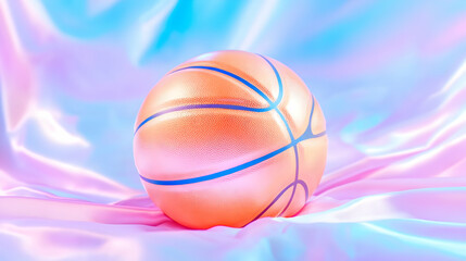 Fototapeta premium Basketball resting on fabric in a studio with a colorful background, suitable for sports-related visuals