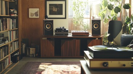Sunlit home audio system in a cozy library