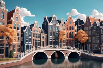 Historic Amsterdam canal houses reflect in water on a sunny day with autumn trees in the foreground and bright blue sky