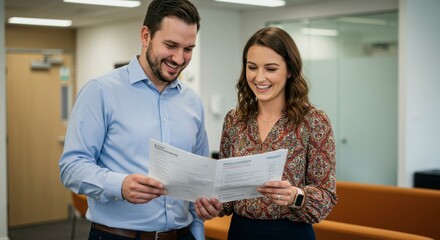 Obraz premium Colleagues review documents, office setting