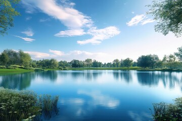 Fototapeta premium Peaceful lakeside view with clear blue sky and lush greenery on a sunny day