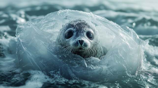 Seal trapped in a plastic bag. Pollution in oceans concept.Generative AI,