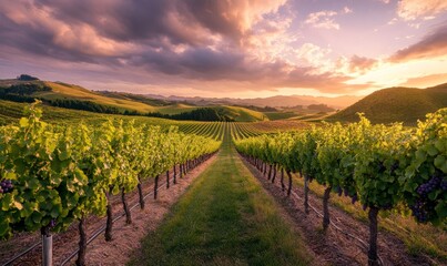 Fototapeta premium Vineyard Rows at Sunset (2)
