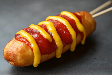National Corn Dog Day: Golden Corn Dog on a Stick, Topped with Ketchup and Mustard, on a Dark Surface, Celebrating the Iconic Fair Snack on March 18 with a Flavorful Twist