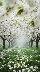 Fototapeta premium Blossom trees line a path in a natural setting. White flowers cover branches in a spring landscape. Petals are scattered on the ground under blooming trees.