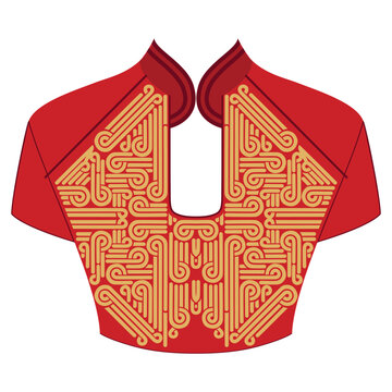 Gold and red traditional chinese dress women's - qipao. The neckline - asian design. Vector clipart