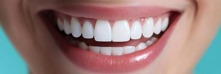 Naklejka premium Perfectly white teeth shine in a warm smile during a dental check up in a gentle pastel blue atmosphere Generative AI