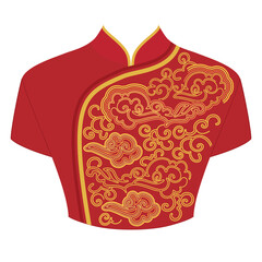 Gold and red traditional chinese dress women's with clouds and symbols of happiness - qipao. The neckline - asian design. Vector clipart