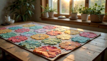 Naklejka premium Vibrant Floral Quilt on Wooden Table with Potted Plants