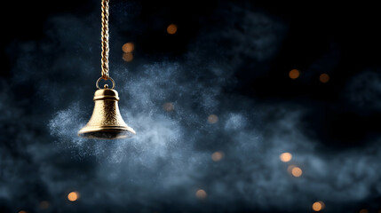 Obraz premium Golden bell hanging from a chain, surrounded by mystical smoke and bokeh lights; perfect for spirituality, meditation, or mystery concepts