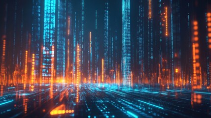 Fototapeta premium Futuristic digital cityscape with neon lights in a virtual environment. Big data and machine learning