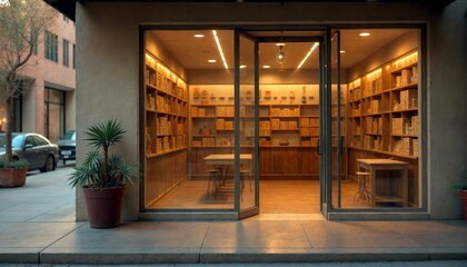 Cozy Bookstore with Wooden Shelves and Warm Lighting