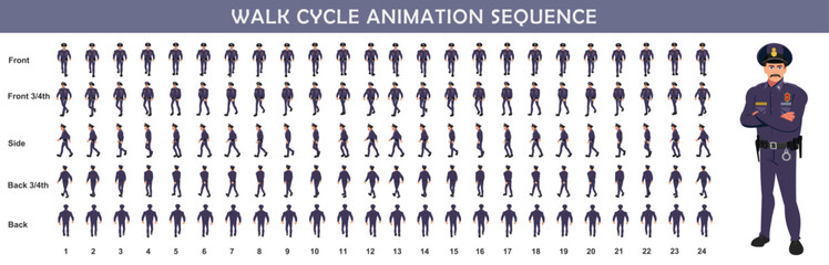 Police walk cycle animation sequence, Frame by frame animation of police officer walk.