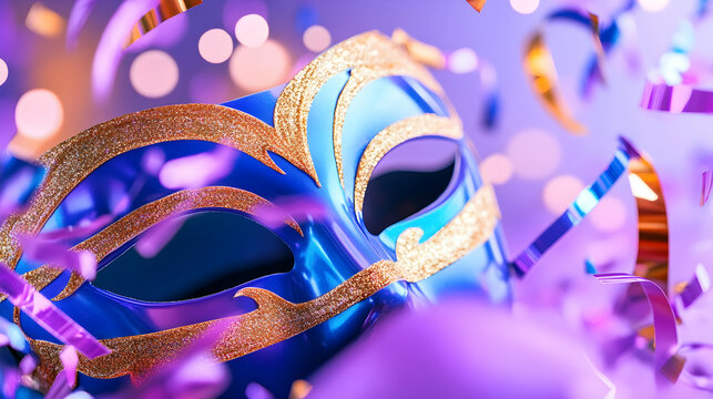 Blue masquerade mask amidst purple confetti; festive celebration; bokeh background; ideal for party invitations