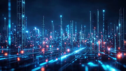 Fototapeta premium Futuristic cityscape with neon lights in a digital landscape. Big data and machine learning