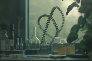 National DNA Day: Gray DNA Model on a Lab Table, Surrounded by Glass Beakers and Flasks, Soft Light Through Window, Celebrating Genetic Research and Science on April 25 in a Lab
