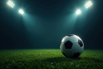Fototapeta premium Glowing football, intense shadows, black setting , sports equipment, night